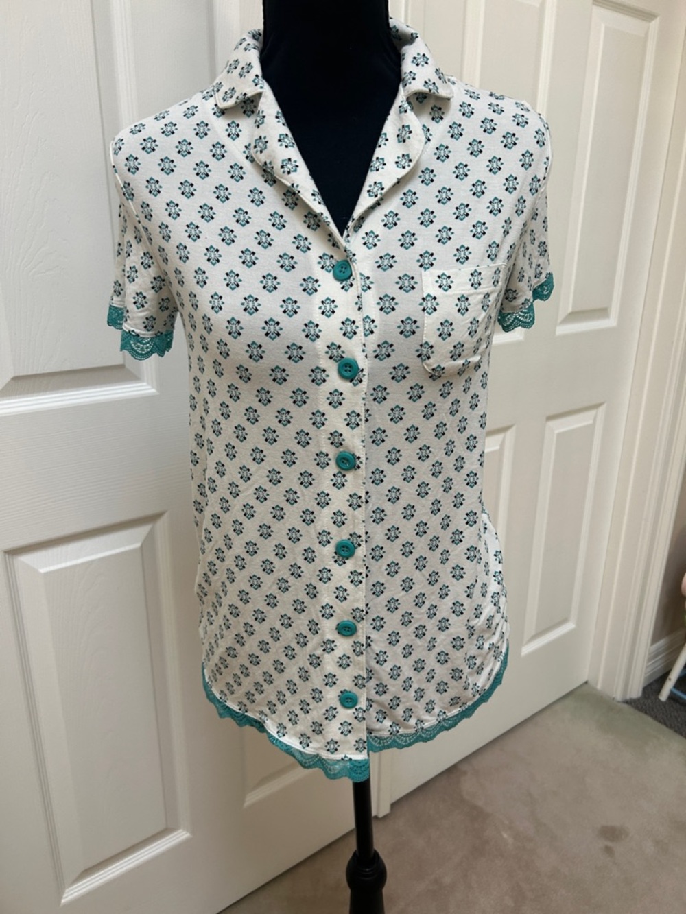 Soma Cream soft Button-Front pajama Top with Teal Trim and Buttons pj top